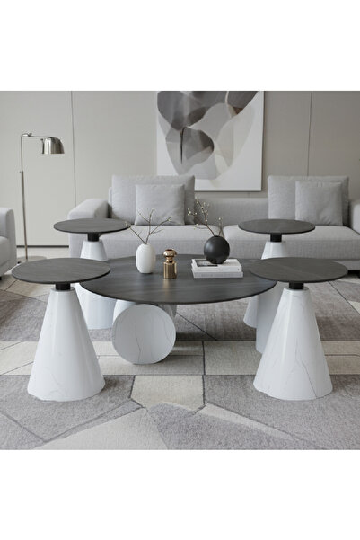GLAMOURE HOME Modern Geometric 5-Piece Dining Table Set (Round Low Main Cente...