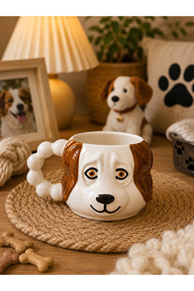 İZart Dog Mug 3D Custom Embossed Brown Ear Pattern Fully Handmade Ceramic Mug