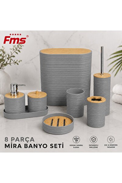 FMS ميرا 8 قطع |   طقم حمام عصري |   غطاء من الخيزران |   رمادي |