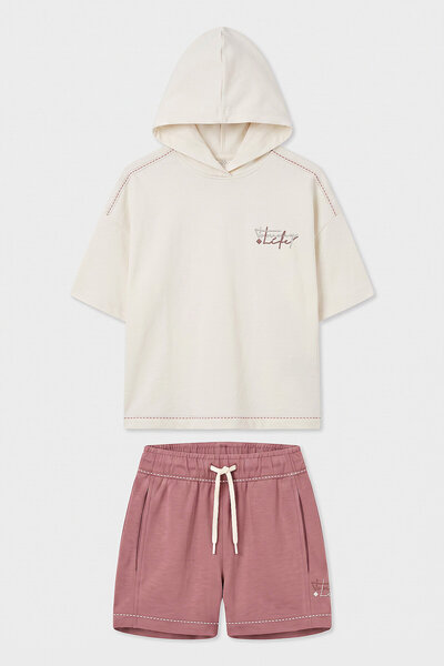 TOMMY LIFE Ecru-Dry Rose Hooded Stitching Detailed Girls' Shorts Set - 75185