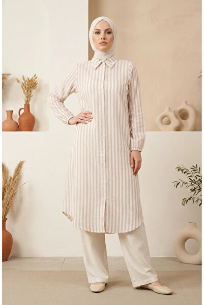 sefamerve Shirt Collar Striped Buttoned Linen Tunic 0332-06 Beige