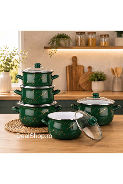 dealshopromania Set of 5 enameled Green Marble saucepans with glass lids, 10 ...