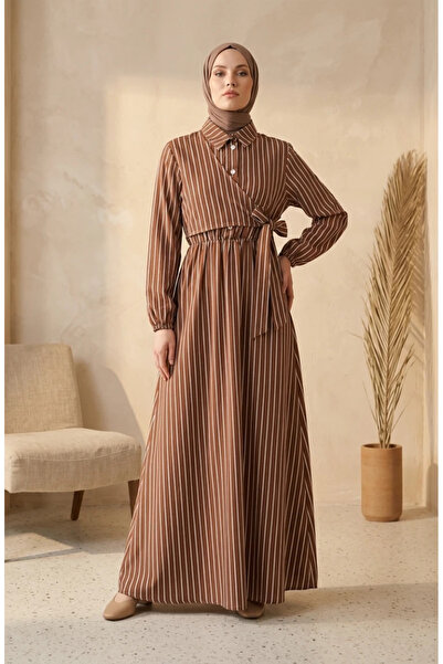 sefamerve Half-Buttoned Elastic Waist Striped Dress 0320-02 Brown