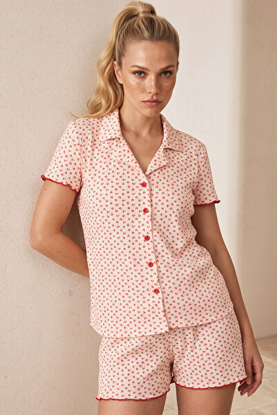 Siyah İnci Salmon Cherry Patterned Buttoned Pointelli Knitted Shorts Pajama S...