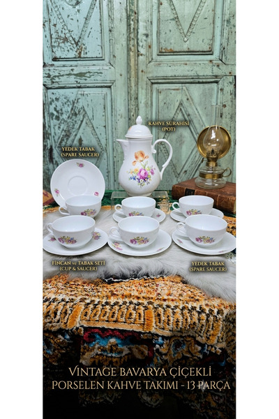 EVVEL ZAMAN ANTİK Vintage Çiçek Desenli Porselen Kahve & Çay Takımı