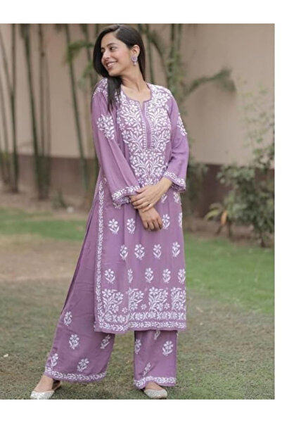 MYSMAR Lavender Rayon Chikankari Kurta with Palazzo Set - FFT8100 | Lavender-...