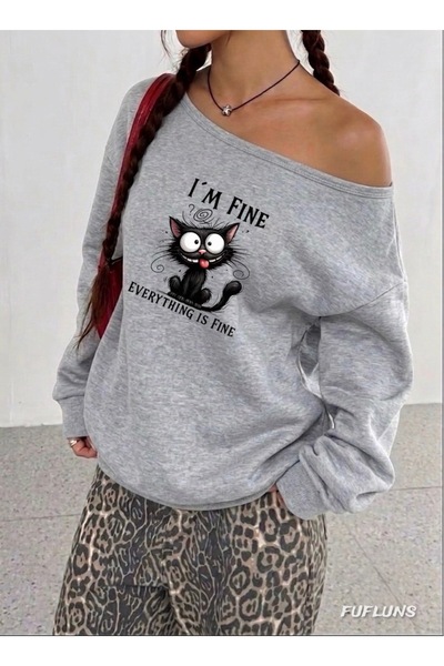 FUFLUNS I'M Fine Cat Printed Oversized Women's Boat Neck Sweatshirt