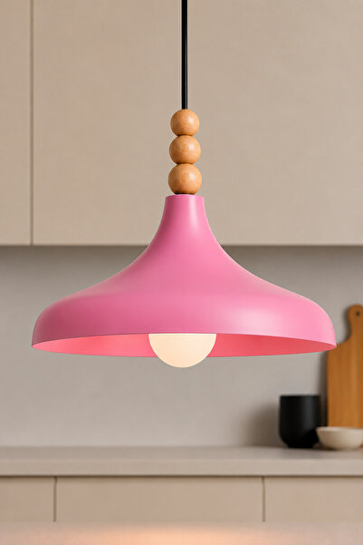 Lambadar Aura Pembe Model Ahşap Üç Boncuklu Tekli Sarkıt Avize İskandinav End...