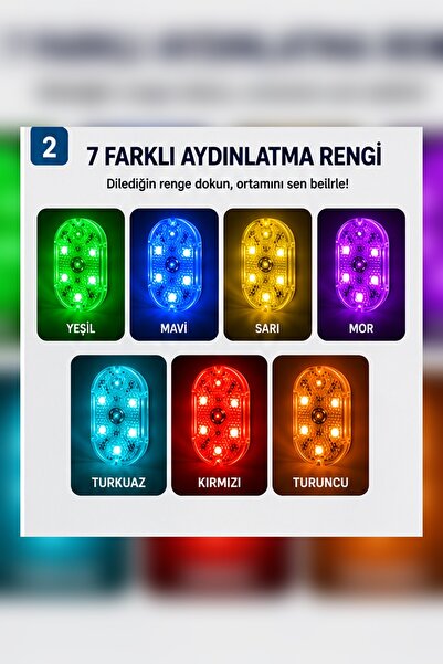 indirimsevinci Dokunmatik Mini 7 LED RGB USB Şarjlı Torpido Ayak Altı Lambası Çok Amaçlı Kullanım