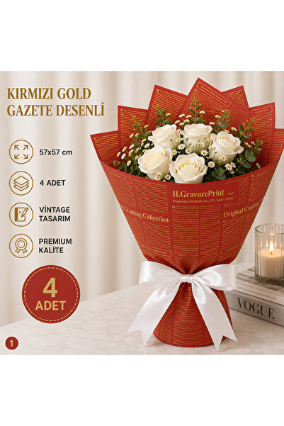 ÇINARASYADAHOME Kırmızı Gold İngilizce Gazete Desenli Buket Ambalaj Kağıdı 57...