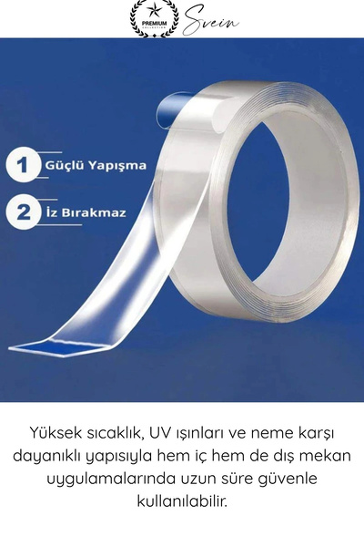 Svein #ÇiftTaraflıBant 120 Kg Taşıma Kapasiteli Şeffaf Çift Taraflı Akrilik Montaj Bandı 24mm x 2 Metre Güçlü Yapışkan İz Bırakmayan Silikonize Sabitleme Bantı Cam Duvar Metal Plastik Ahşap Otomotiv Ayna
