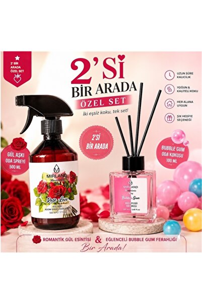 Mirland iki eşsiz koku, tek set ! 500 Ml Gül Spreyi ve 100 Ml Bubblegum Bambu...