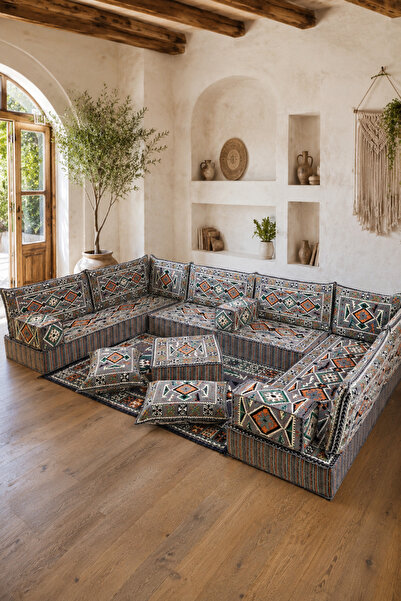 FEYZA DECOR HOME Anadolu Gri Kilim Desenli 20 cm Yüksek Şark Köşesi Takımı