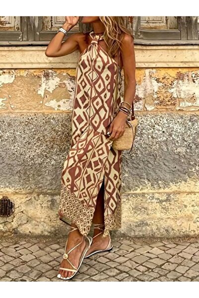 Generic Brand Women's Patterned Long Jersey Dress with Open Shoulders and Str...