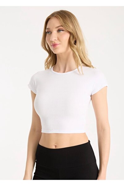 Kadın siyah likralı kısa kol body crop bluz