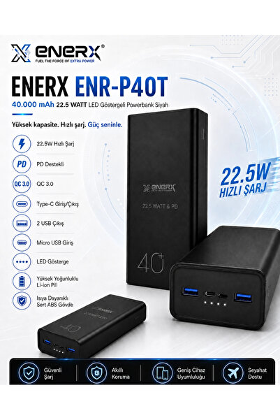 ENERX ENR-P40T 40.000 mAh 22.5Watt Hızlı Şarj Powerbank – Siyah