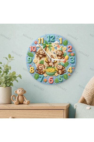 ensaat Fun Forest Monkey Children's Room Wall Clock Silent Wooden Clock 34.5 cm