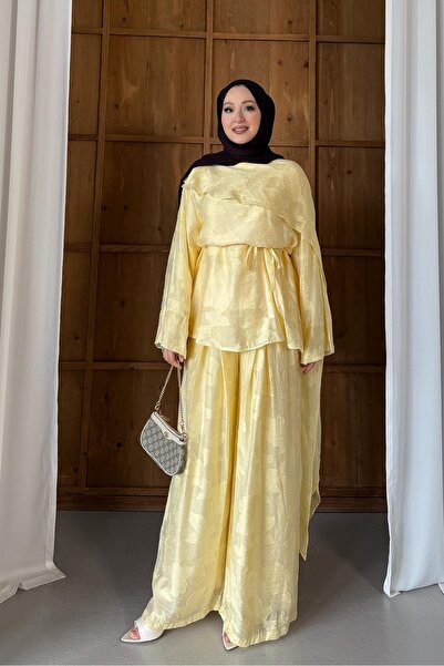 Rimel Moda Çiçek Desenli Şal Yaka Takım Sarı