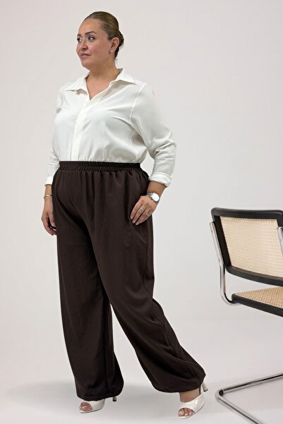 Eslina 69015 Large Size Nora Pants with Elastic Waist - Brown