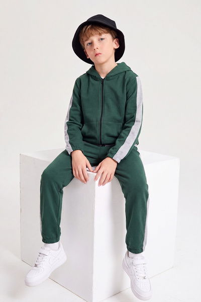 FYK KİDS Boy's Stripe Detailed Zippered Hooded Double Pocket Tracksuit Set