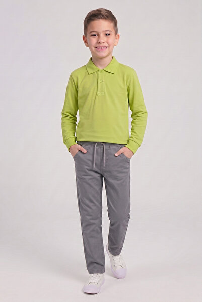 nacar çarşı Boy's Pistachio Green Long Sleeve Polo Neck T-Shirt Gray Ribbed W...