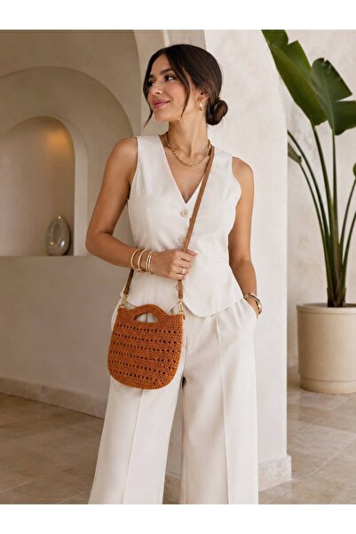 one depot only for quality life Hand Knitted Brown Cross Strap Small Bag