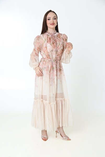 2TRENDY Women's Floral Print Ruffle Collar Long Flare Sleeve Chiffon Maxi Dress