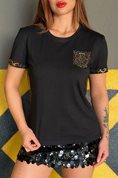 RICH GLAM Plus Size Pocket Detailed Crystal Stone Short Sleeve Crew Neck Styl...