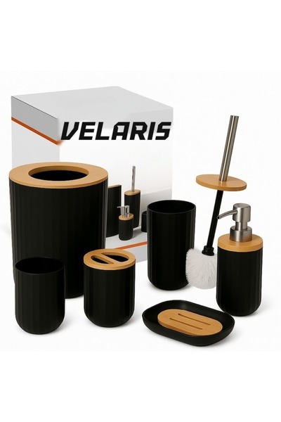 Velaris Set de baie din 6 piese, negru mat, cu accente din lemn, coș de gunoi...