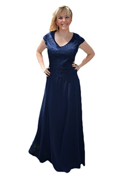 OEM Rochie deosebita de nunta, nuanta bleumarin cu decor de perle