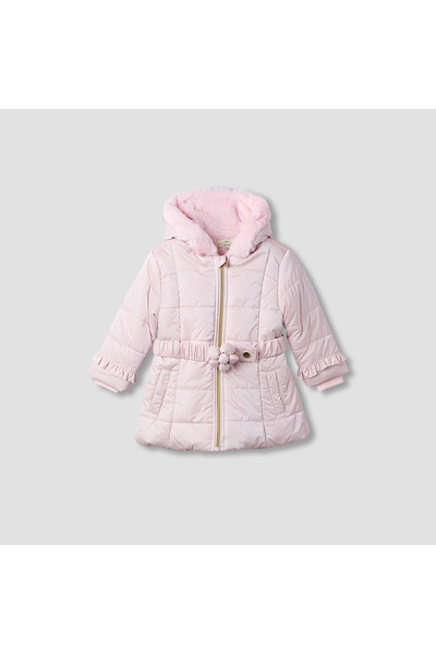 Juniors Floral Accent Hooded Puffer Jacket with Long Sleeves and Belt