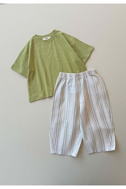 Cigit Oversize T-Shirt Takım 2-10 Yaş Lime Yeşil Çizgili