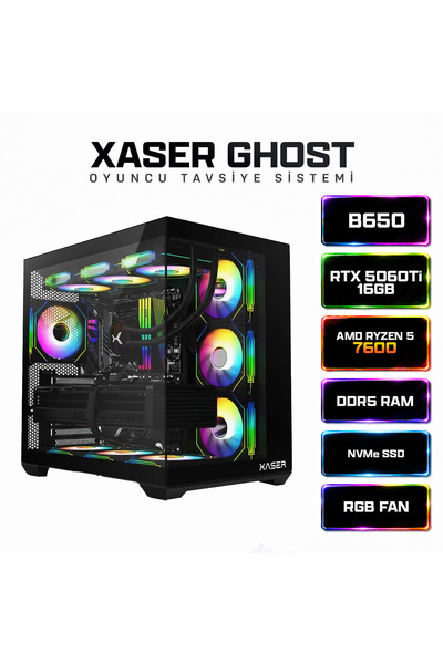 XASER Ghost X190 Ryzen 5 7600 16GB Ram 512GB M.2 NVMe SSD 16GB RTX5060Ti Sıvı...