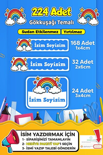 SB store Okul Kreş Kişiye Özel isim Etiket Seti Gökkuşağı Temalı - Model 749