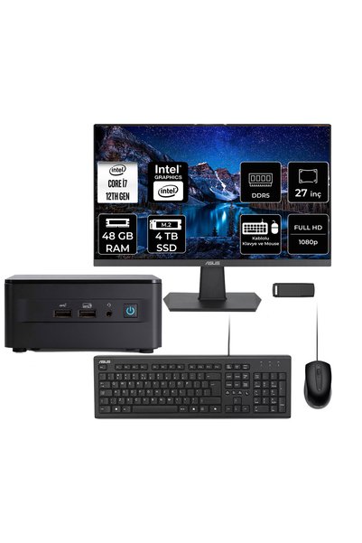 ASUS NUC 12 Pro Tall Intel Core i7-1260P 48GB RAM 4TB SSD 27" Full HD Monitör FreeDOS RNUC12WSHI700002IP730 Mini Masaüstü Bilgisayar + PER4 USB BELLEK