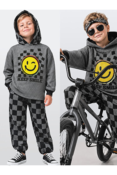 Denokids Boys' Tracksuit Set Checkered Thick Hooded Sweatshirt Sweatpants