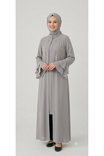 Etrucci Kolları Volanlı Taş İşlemeli İpek Abaya