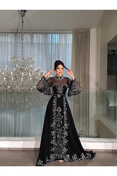 Heidi فستان سهرة أسود فاخر بأكمام واسعة وتطريز كريستالي برّاق