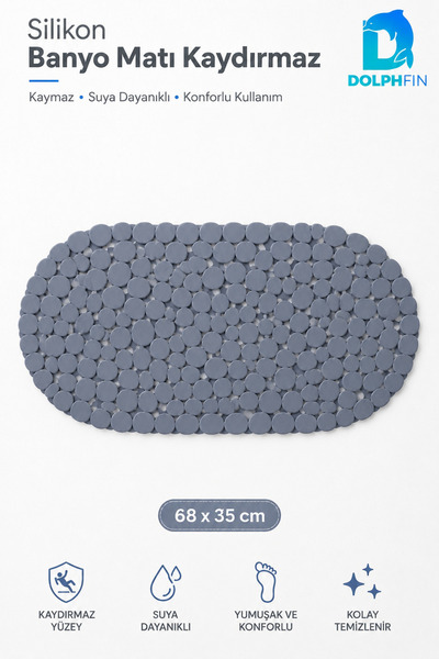 DolphFin Silikon Kaydırmaz Banyo Paspası 68x35 cm Taş Desenli Gri Duş Önü Matı
