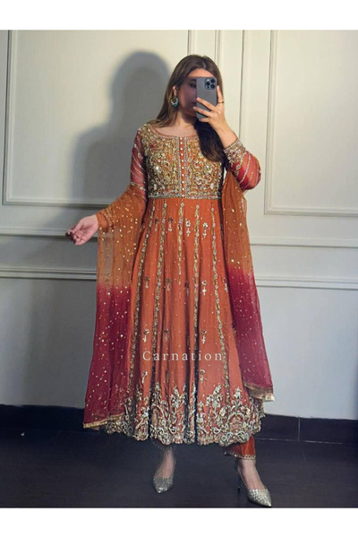 MYSMAR Orange & Pink Heavy Georgette Embroidered Gown Set - HRT7236 | Orange ...