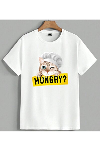 ELFERA Μπλουζάκι Unisex Oversize με στάμπα Cat Aslani Hungry Sartmaci, Λευκό