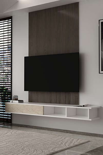 Dekortis Home Dekor 180DHDXTDABT MONO DUVARA MONTE TV SEHPASI BEYAZ-TRAVERTEN