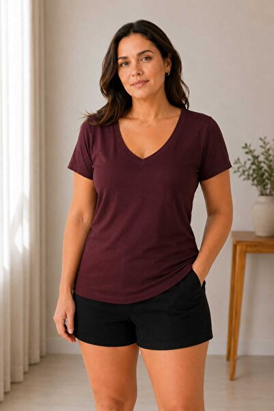 missece Women's Plus Size V-Neck Short Sleeve Cotton Lycra Basic Blouse