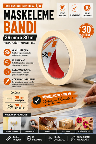 ANI OFİS KIRTASİYE A K Maskeleme Bandı 36 mm x 30 m Krepe Kağıt Tabanlı Boya ...