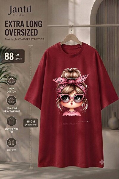 JANTIL MODA Crew Neck Extra Long Oversize Tunic T-Shirt with Glasses and Leop...