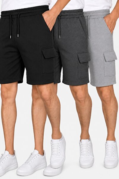 SURMARİ Set de 3 pantaloni scurți unisex, confortabili, cu buzunare cargo