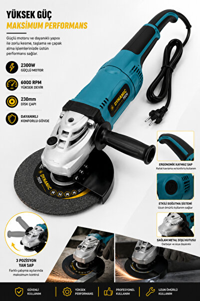 DynamicTech Profesyonel 2300W 230 mm Profesyonel Büyük Spiral Taşlama Makinesi 6000 RPM 3 Pozisyon Yan Sap