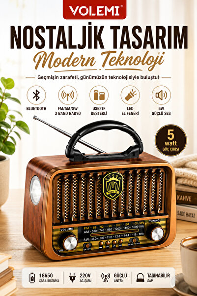 VOLEMİ Bluetooth Nostaljik Taşınabilir Radyo FM AM SW USB TF Kart Destekli LE...