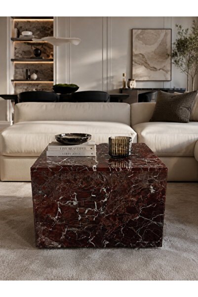 ESİLA MARBLE Rosso Levanto Mermer Küp Sehpa – El Yapımı Doğal Taş Dekoratif O...