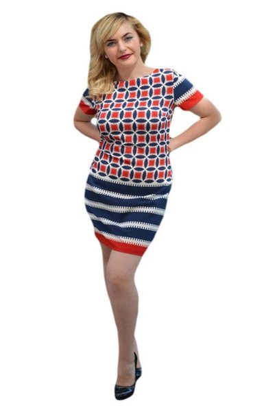 OEM Rochie casual, cu imprimeu geometric rosu-alb-bleumarin
